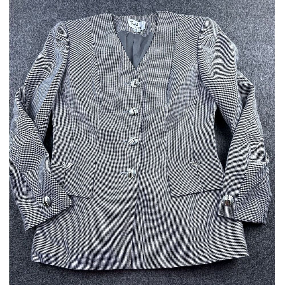 Vintage Emily Petite Blazer Womens 4P Gray‎ Checkered Lined Suit Jacket Button
